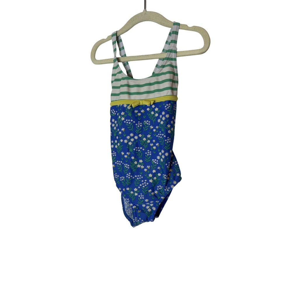 Mini Boden Swimsuit Girls 3T Blue Floral Stripe One Piece Tank Lined Bow Detail